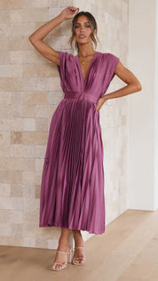 Summer V-Neck Pleated Sleeveless Dress Purple Dress