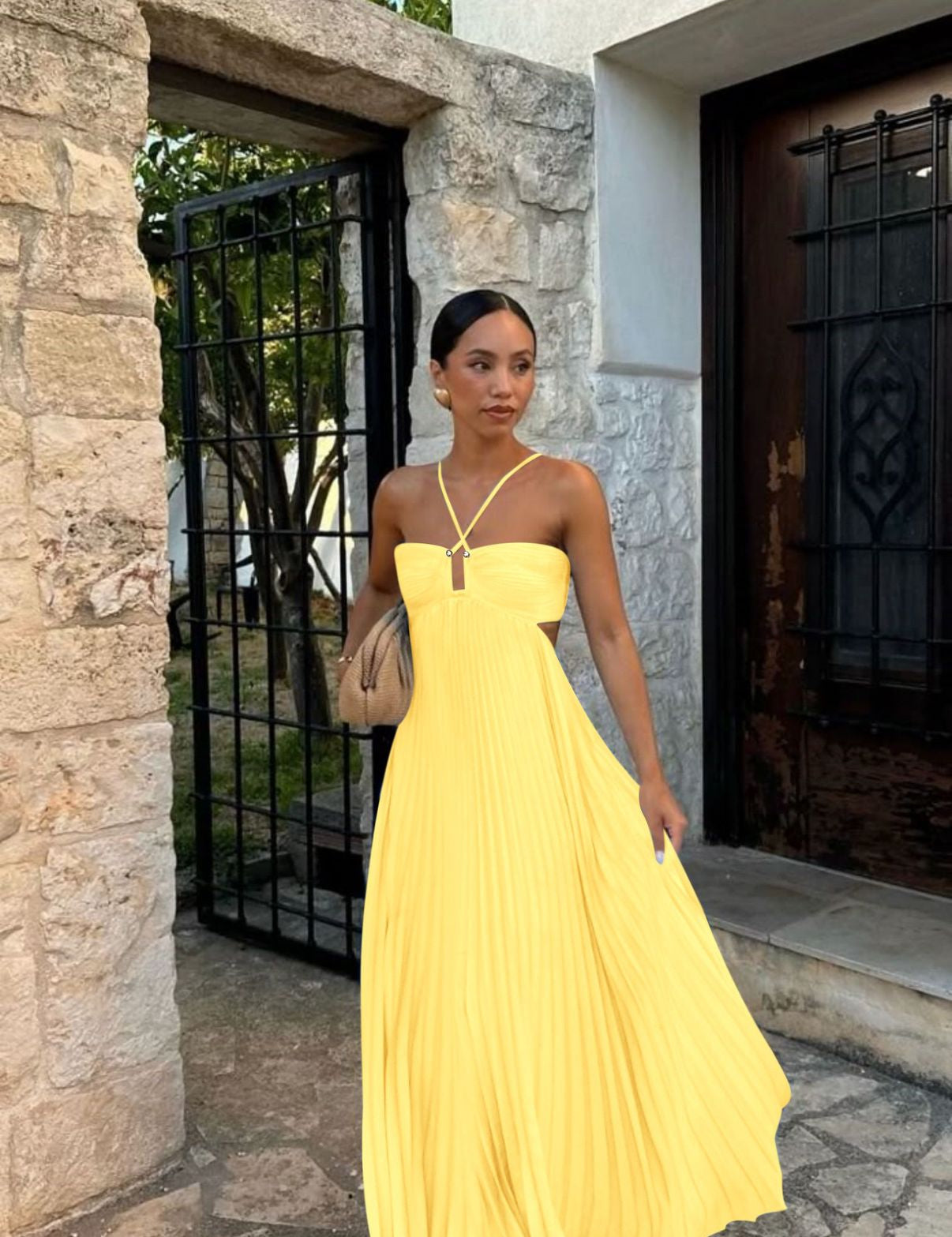 Women's Pleated Sleeveless Sling Dress - Halter High Waist Yellow women