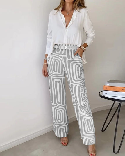 Amelia | Chic Wide-Leg Set – Blouse & Belt Included Grey
