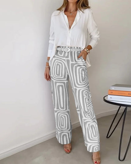 Amelia | Chic Wide-Leg Set – Blouse & Belt Included Grey