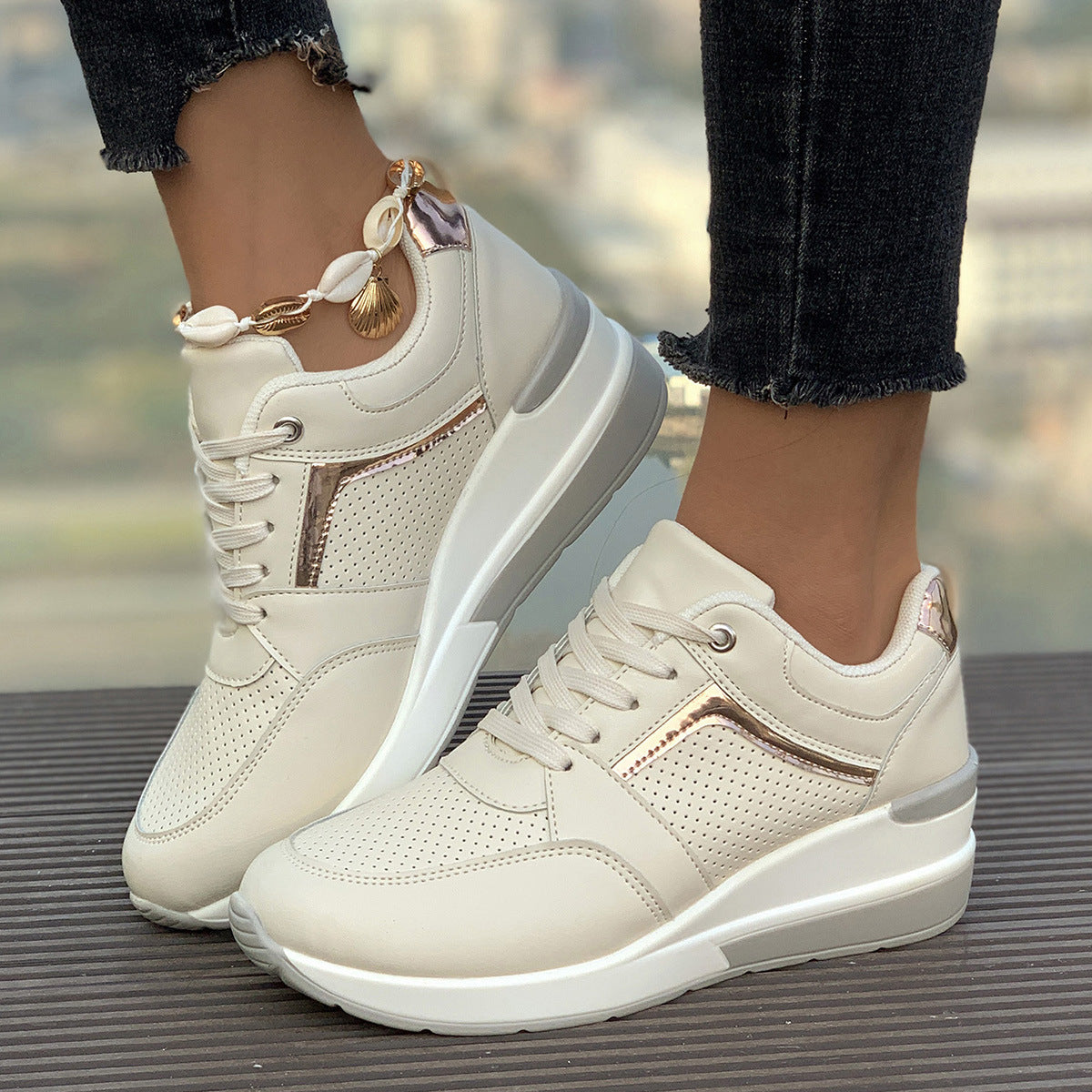 Women's Emery Wedge Platform Sneakers – Sporty Comfort, Elevated Style Beige Sneakers