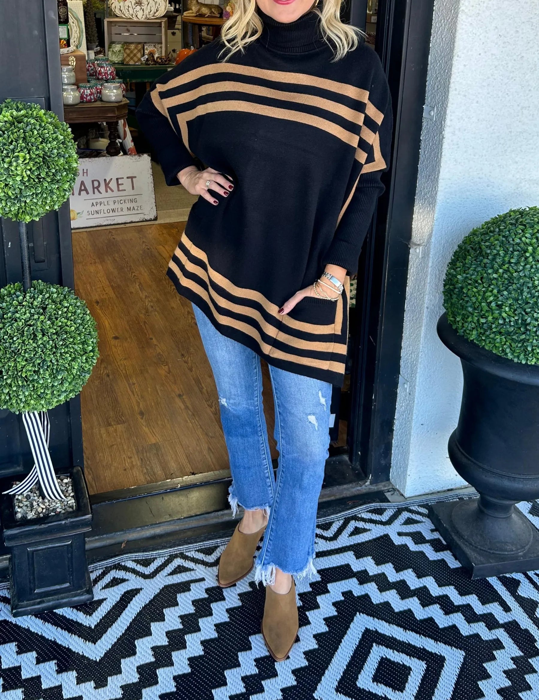 Inessa™ | High Neck Bat Sleeve Striped Sweater Black Sweaters