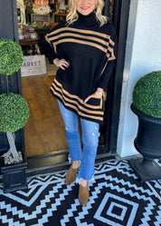Inessa™ | High Neck Bat Sleeve Striped Sweater Black Sweaters