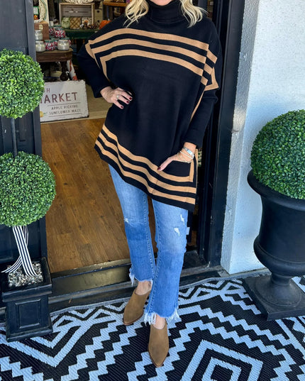 Inessa™ | High Neck Bat Sleeve Striped Sweater Black Sweaters