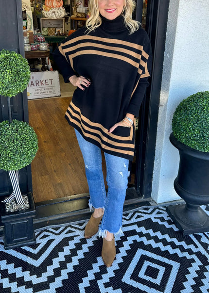 Inessa™ | High Neck Bat Sleeve Striped Sweater Black Sweaters
