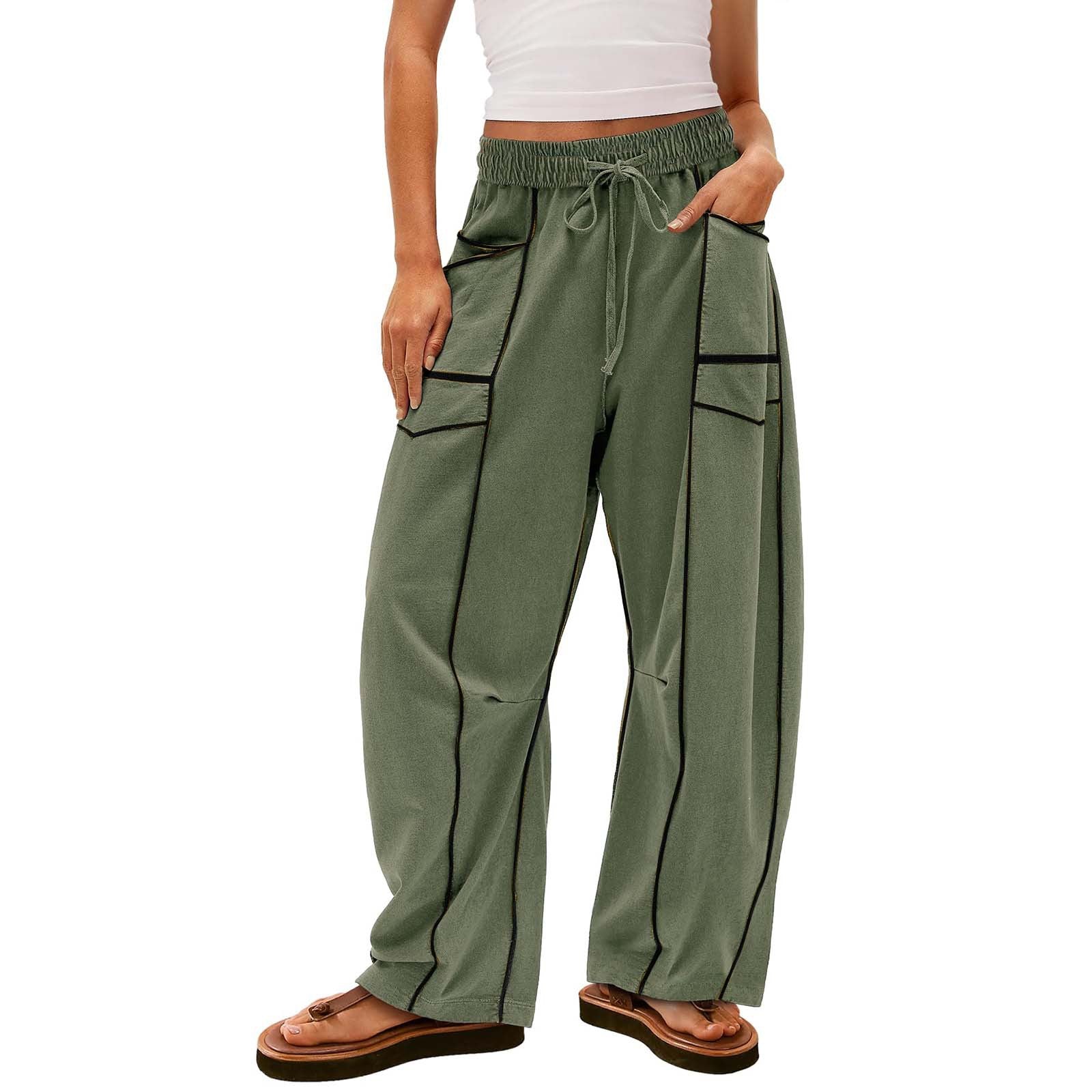 Y2K Striped Wide Leg Pants Women’s Drawstring Trousers Army Green Women Pants