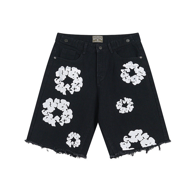 Embroidered Denim Shorts for Men and Women Black Shorts