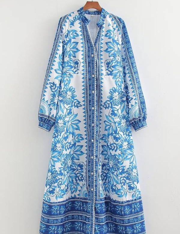 Ankle Length Button Down Print Maxi Dress Blue Dresses