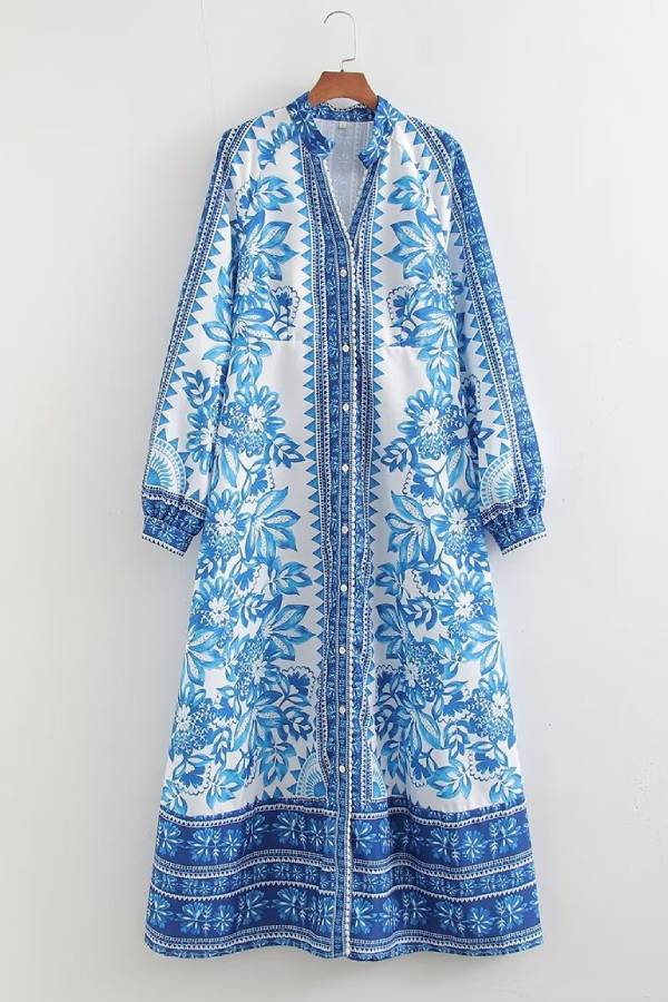 Ankle Length Button Down Print Maxi Dress Blue Dresses