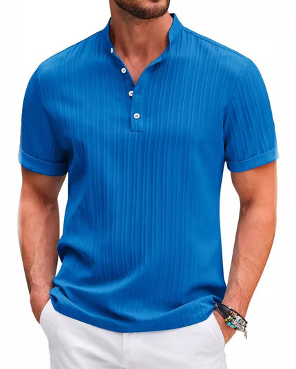Men's Summer Stand Collar Button Short Sleeve Polo Shirt – Solid Color Striped Casual Beachwear Sapphire Blue Polo Shirts