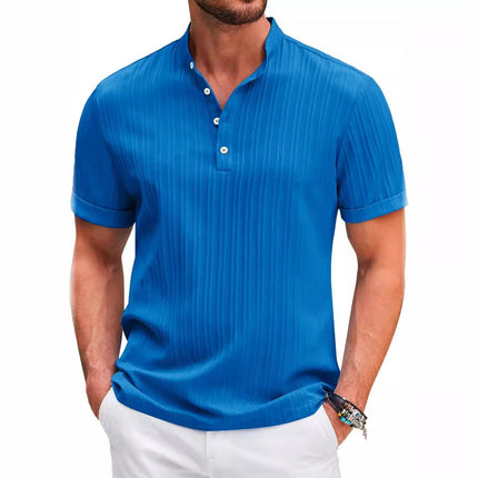 Men's Summer Stand Collar Button Short Sleeve Polo Shirt Sapphire Blue Polo Shirts