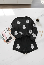 Glitter Ghost Round Neck Long Sleeve Top and Shorts Set