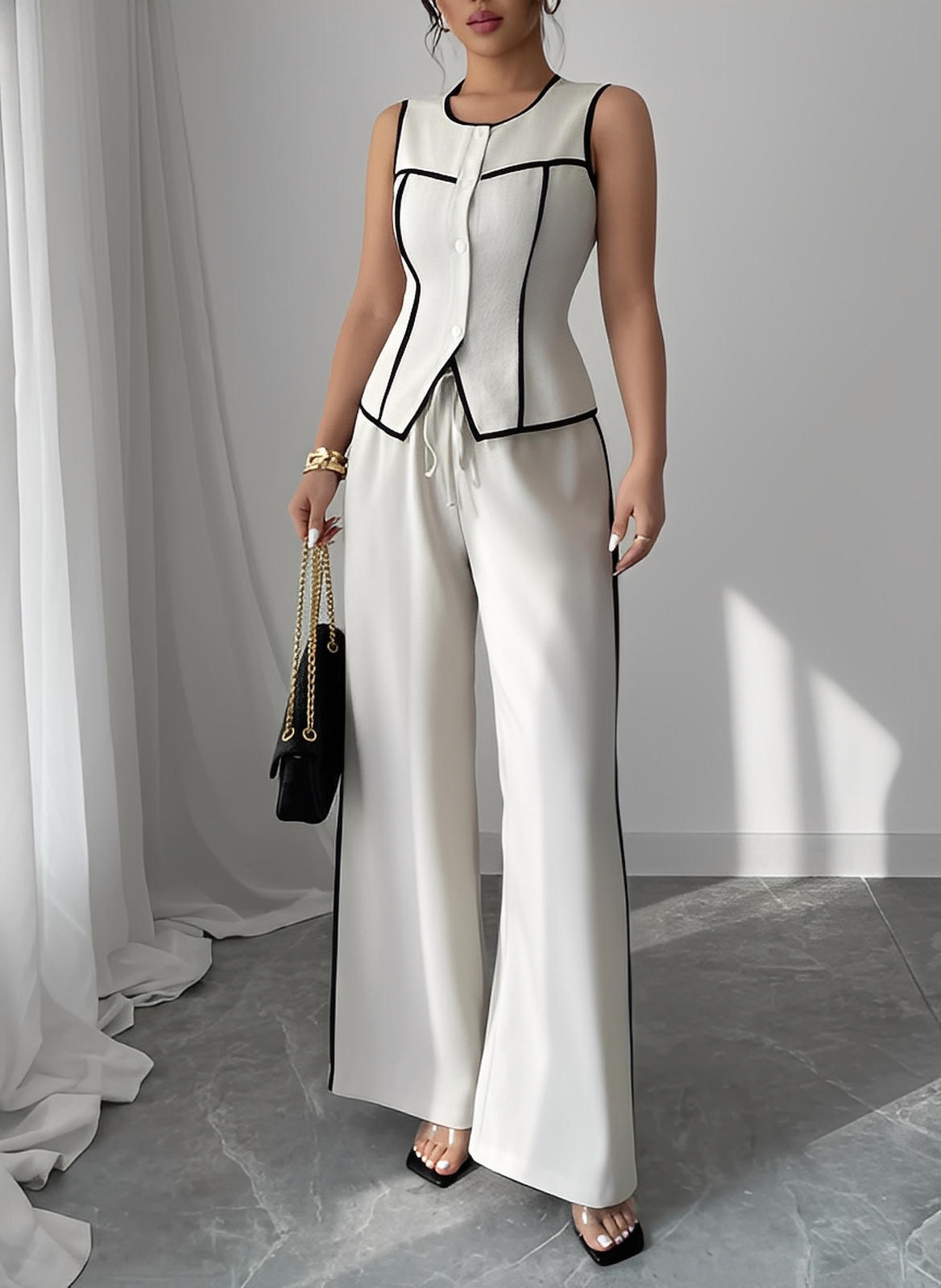 Contrast Piping Round Neck Top and Wide-Leg Pants Set