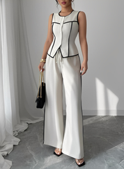 Contrast Piping Round Neck Top and Wide-Leg Pants Set