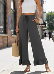 Ruffled Wide Leg Pull On High Waist Pants with Pockets
