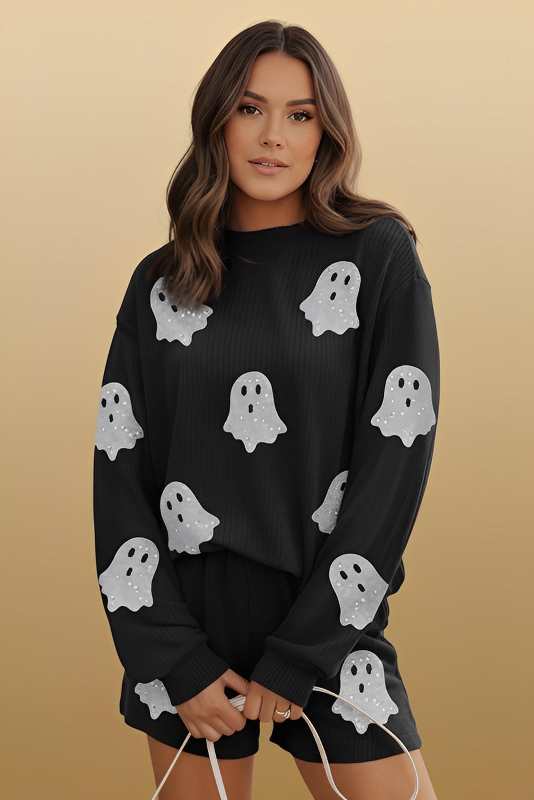 Glitter Ghost Round Neck Long Sleeve Top and Shorts Set