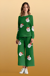 Santa Sequin Round Neck Top and Pants Set