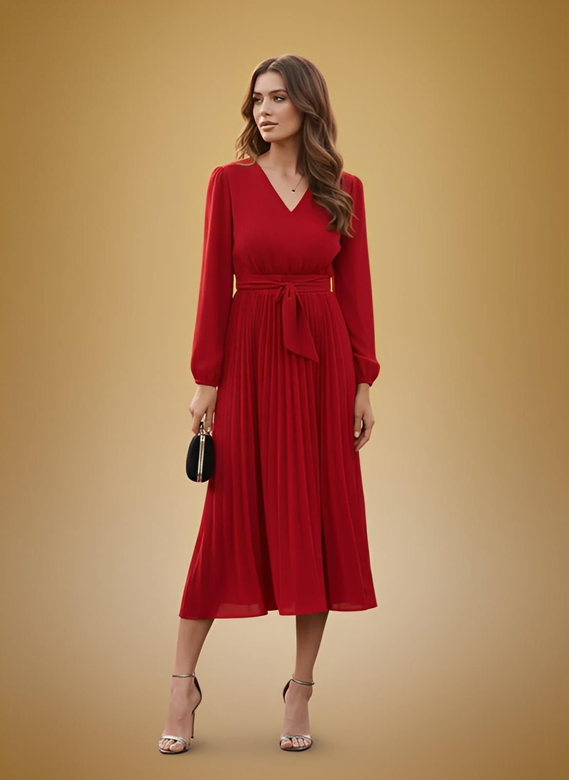 V-Neck Long Sleeve Tie Waist Midi Dress