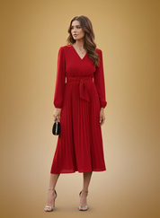 V-Neck Long Sleeve Tie Waist Midi Dress