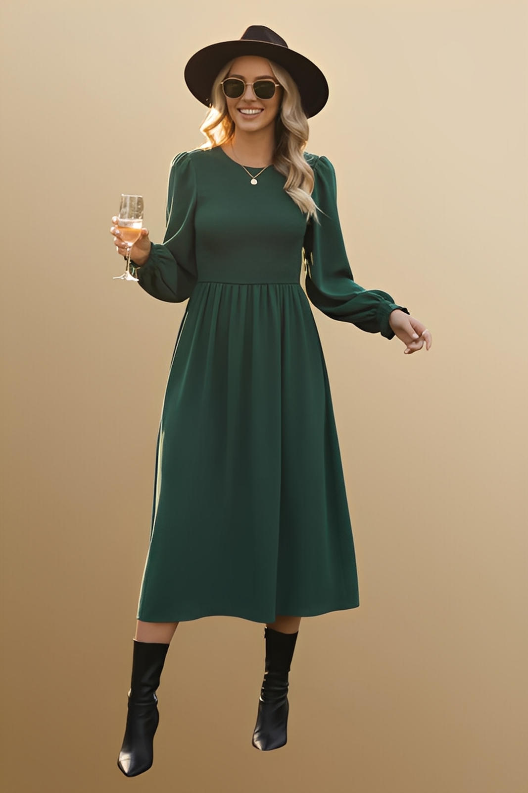 Perfee Smocked Long Sleeve Midi Dress