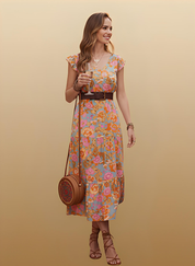 Ruffled Printed V-Neck Cap Sleeve Tiered Dress