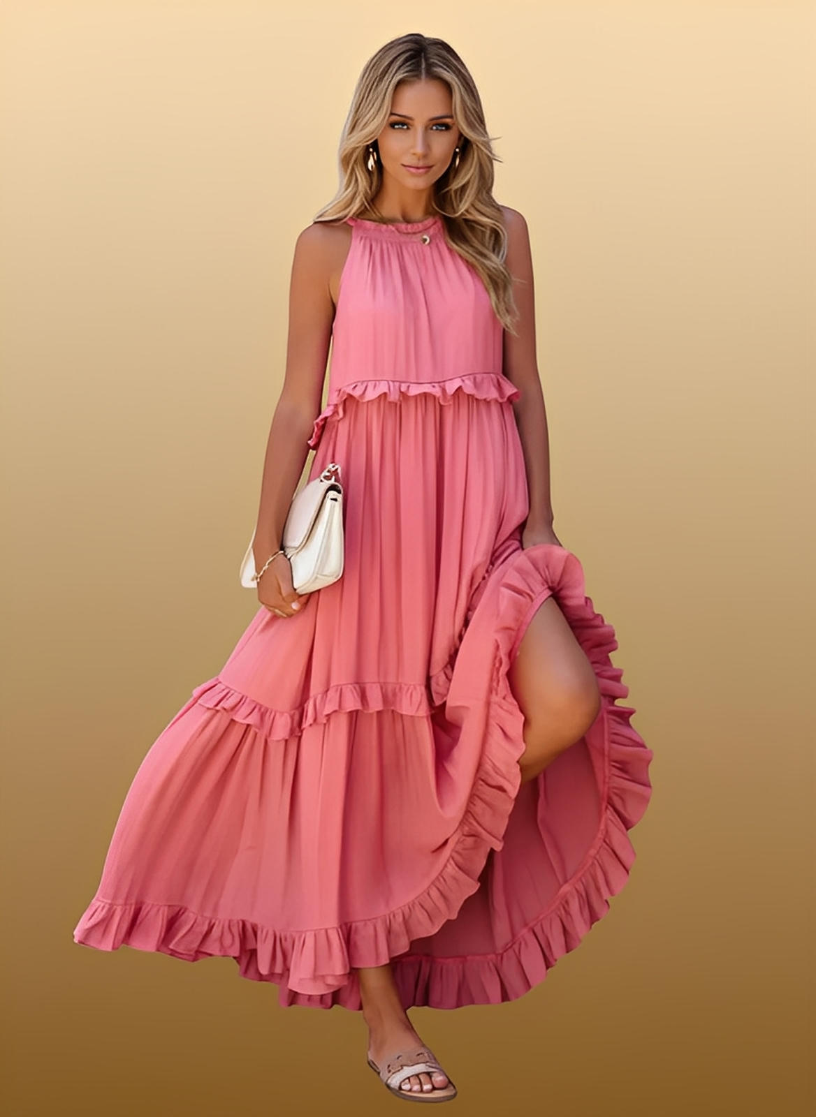 Ruffled Sleeveless Tiered Maxi Dress with Pockets