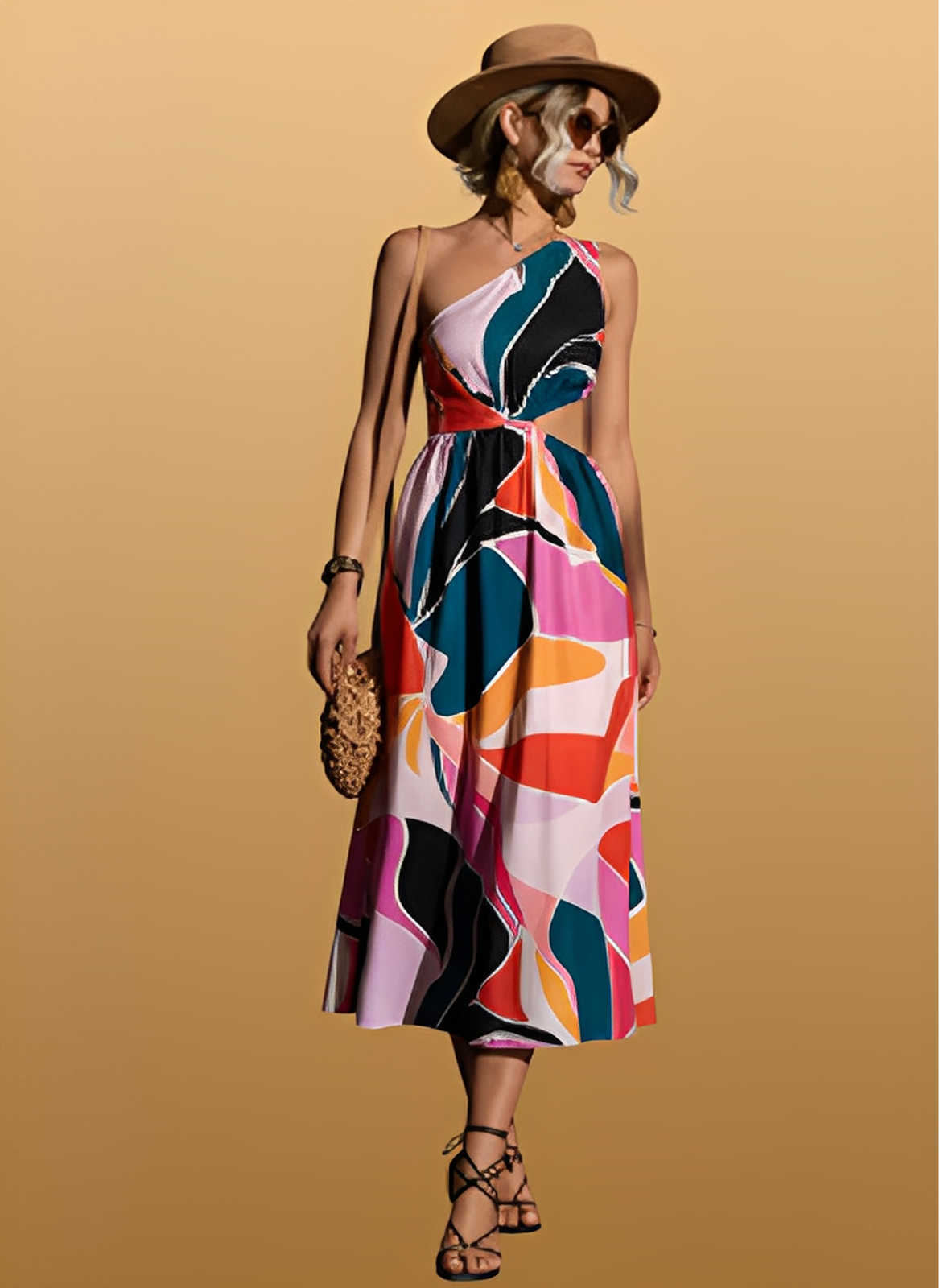 Printed Cutout One-Shoulder Sleeveless Dress