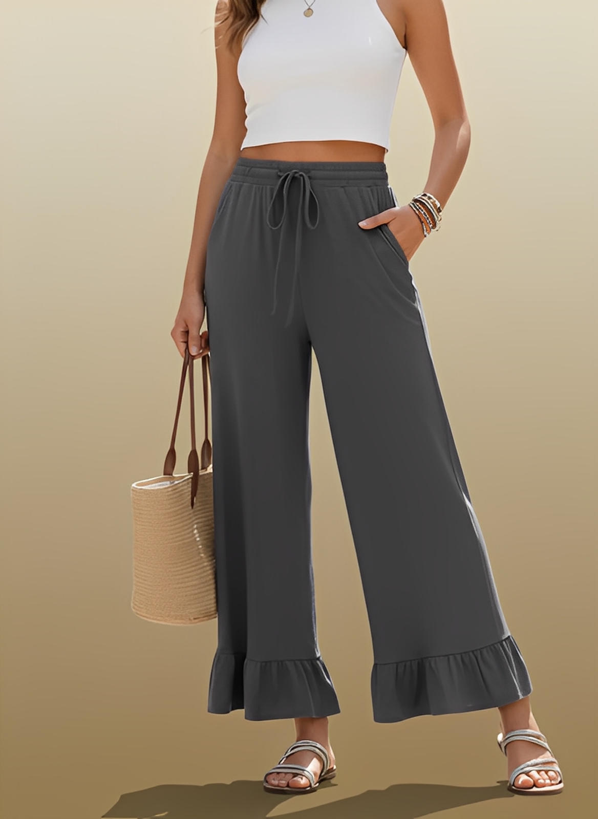 Ruffled Wide Leg Pull On High Waist Pants with Pockets