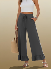 Ruffled Wide Leg Pull On High Waist Pants with Pockets