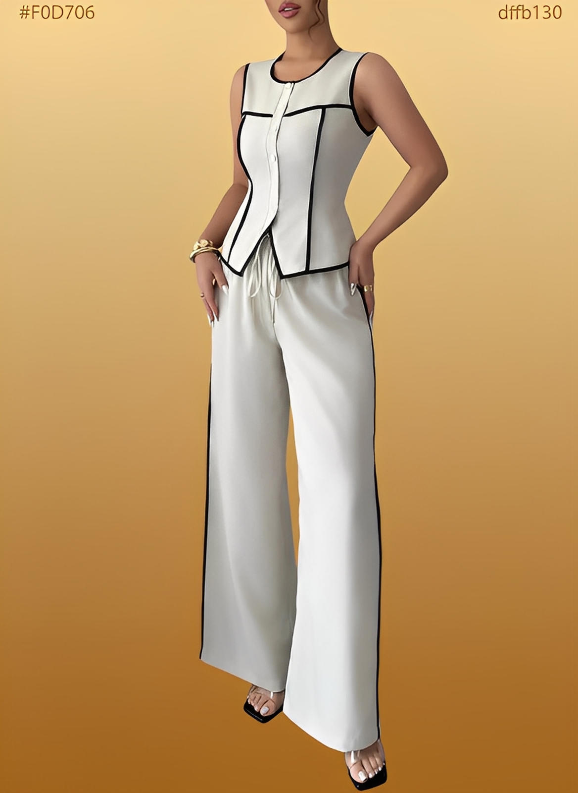 Contrast Piping Round Neck Top and Wide-Leg Pants Set