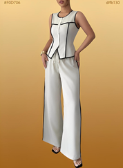 Contrast Piping Round Neck Top and Wide-Leg Pants Set