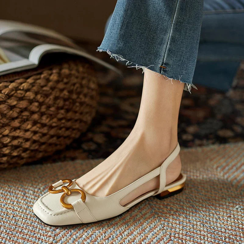 Orthopedic Leather Buckle Sandals Beige Women Sandals