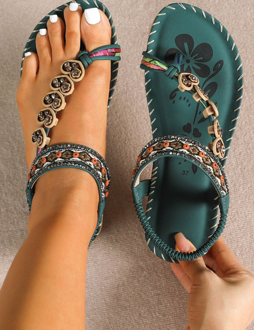 Toe Loop PU Leather Flats Sandals Dark Green Women's Sandals