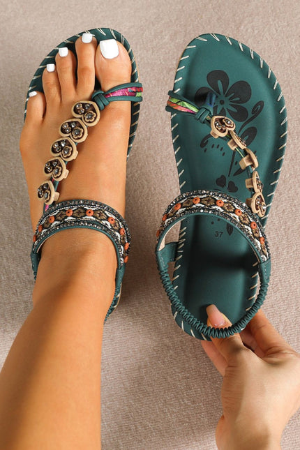 Toe Loop PU Leather Flats Sandals Dark Green Women's Sandals