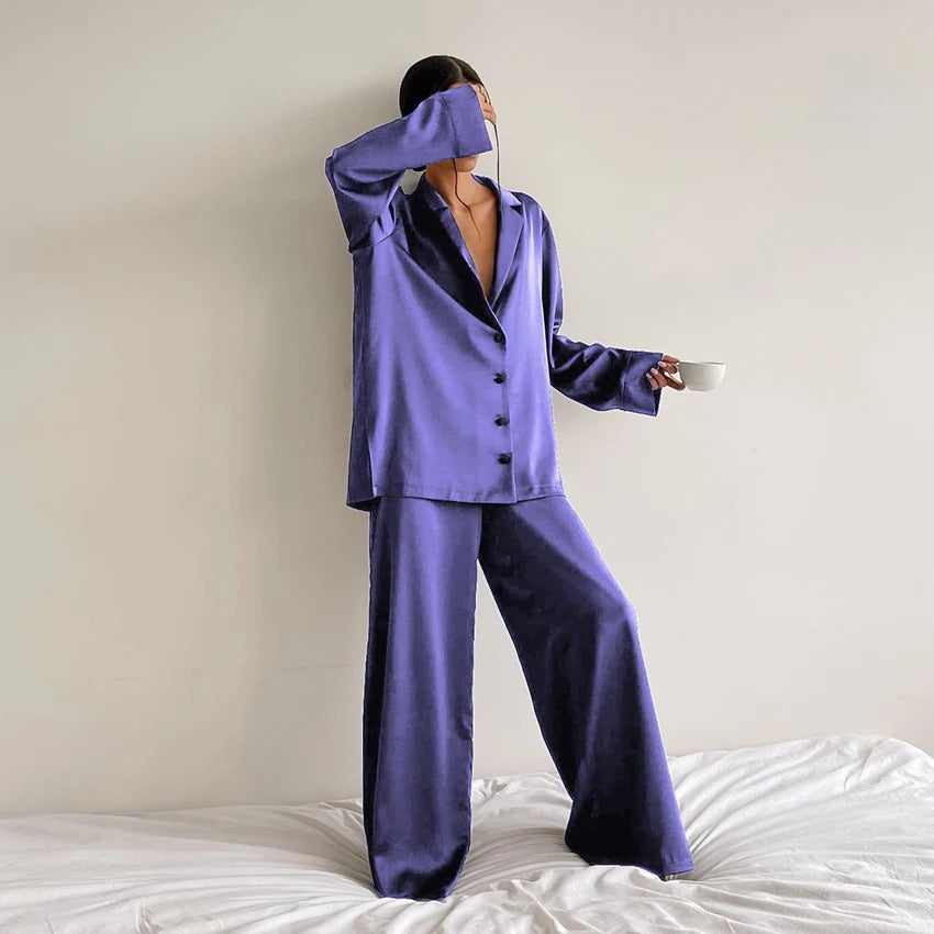 Ultra-Luxe Women’s Silk Wide-Leg Pajama Set Lila Outfit Sets