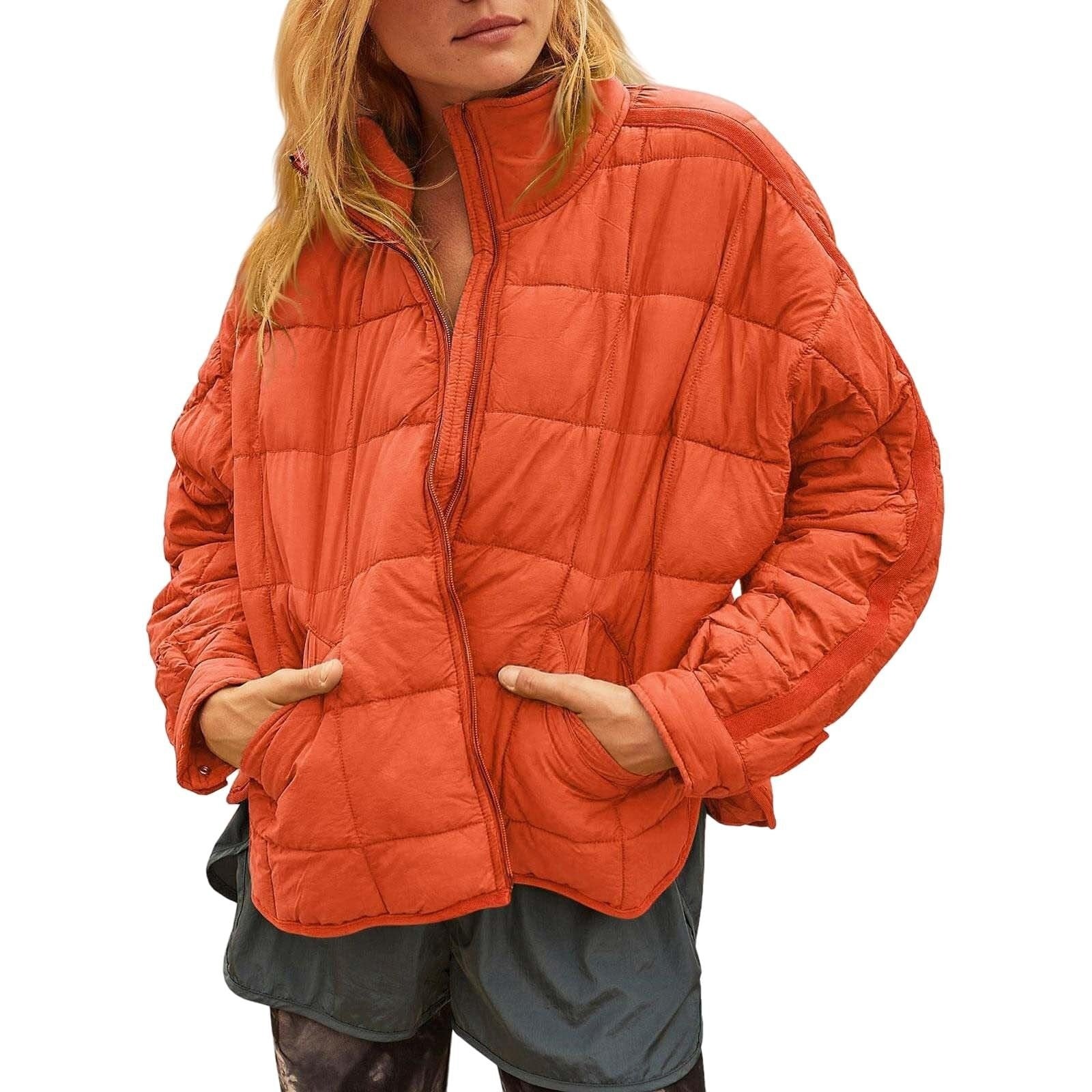 Plaid Stand-Collar Zip-Up Winter Coat for Women Orange Coat