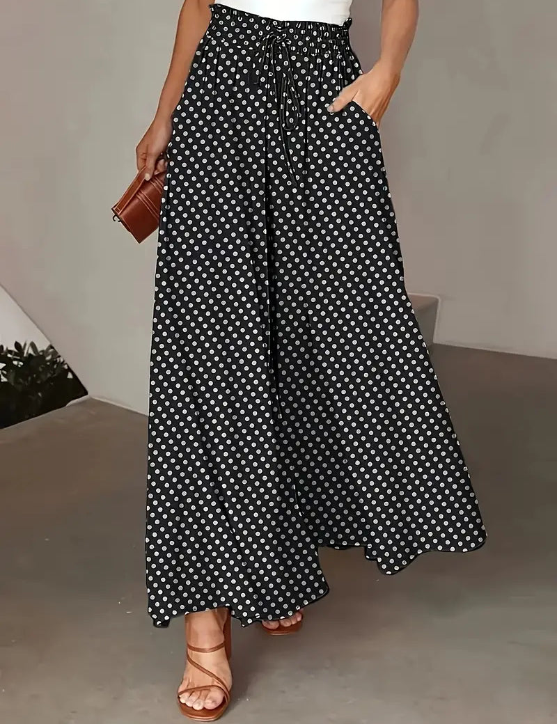 Polka Dot Elastic-Waist Wide-Leg Trousers Graphite Color Trousers