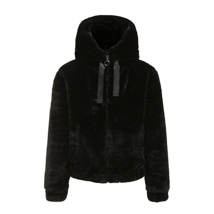 Women's Hooded Faux Fur Jacket Black Faux Fur Jacket