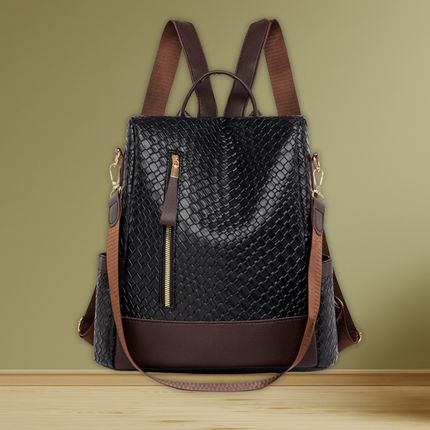 Women's Soft Leather Woven Backpack Black Handbags
