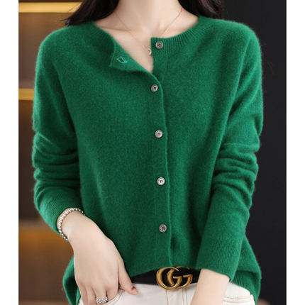Pure Wool Ladies O-neck Cardigan Cashmere Sweater Dark green Sweater