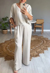 Summer Short-sleeved T-shirt Two-piece Set For Women Beige Outfit Sets