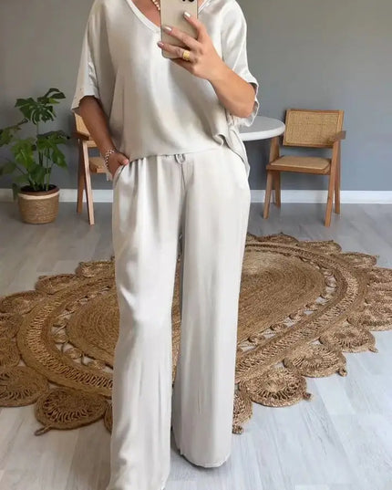 Summer Short-sleeved T-shirt Two-piece Set For Women Beige Outfit Sets