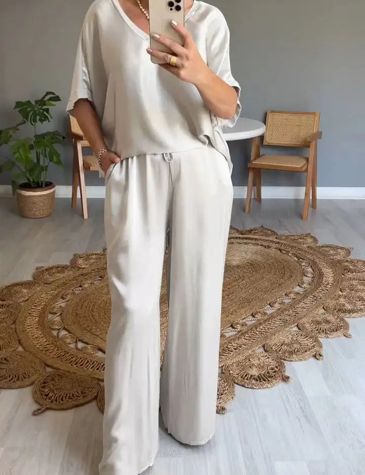 Summer Short-sleeved T-shirt Two-piece Set For Women Beige Outfit Sets