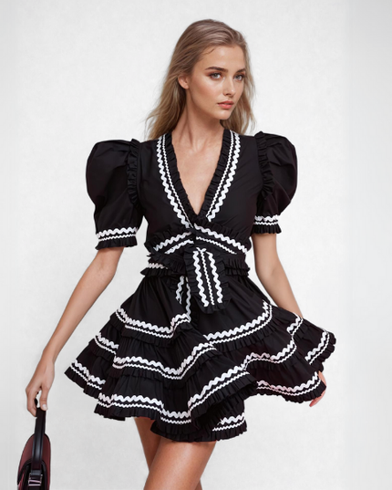 Sydney™ | V-Neck Striped Patchwork Flare Short Dress Dresses