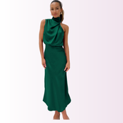 Elegant Off-Shoulder Maxi Dress with High Neck Emerald green Dresses