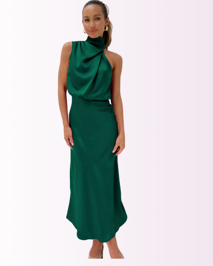 Elegant Off-Shoulder Maxi Dress with High Neck Emerald green Dresses