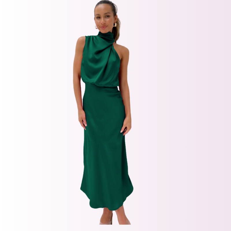 Elegant Off-Shoulder Maxi Dress with High Neck Emerald green Dresses