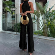 Elegant Sleeveless Halter Crop Top & Wide‑Leg Pants Set Black Outfit Sets