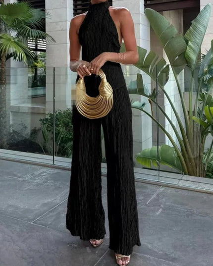 Elegant Sleeveless Halter Crop Top & Wide‑Leg Pants Set Black Outfit Sets