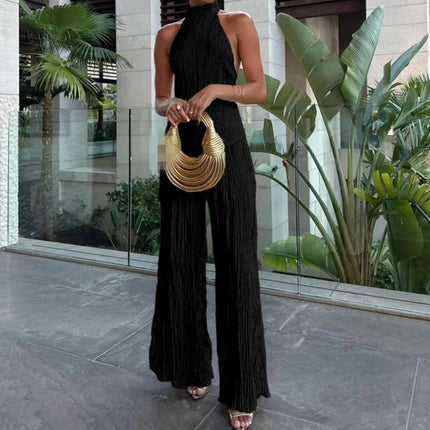 Elegant Sleeveless Halter Crop Top & Wide‑Leg Pants Set Black Outfit Sets